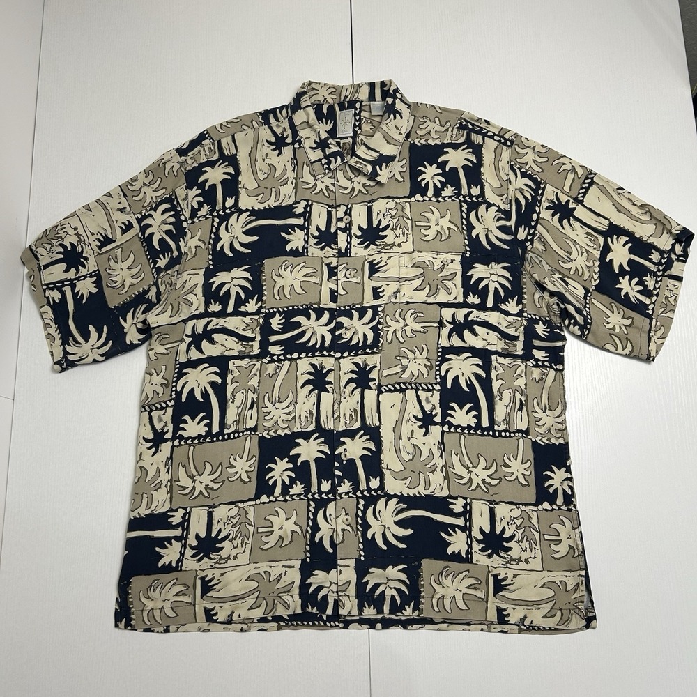 Vintage‎ Burma Bibas 100% Silk Hawaiian Shirt Mens L Cream/Navy Palm Tree Camp